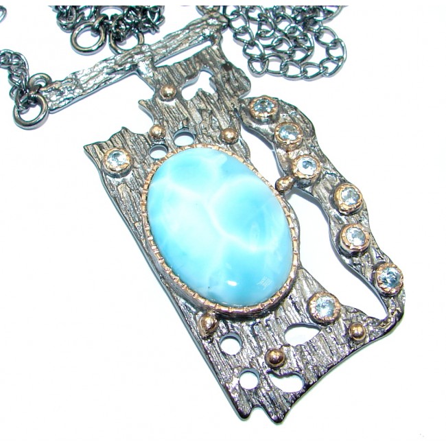 Piece of Art AAA Caribbean Blue Larimar Swiss Blue Topaz Sterling Silver handcrafted necklace
