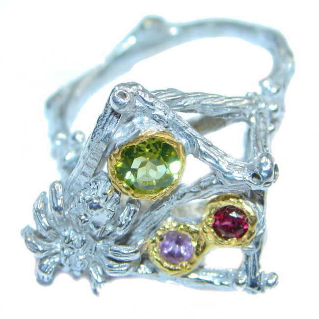 Classic Authentic Peridot Amethyst Garnet Sterling Silver Ring s. 8 1/4