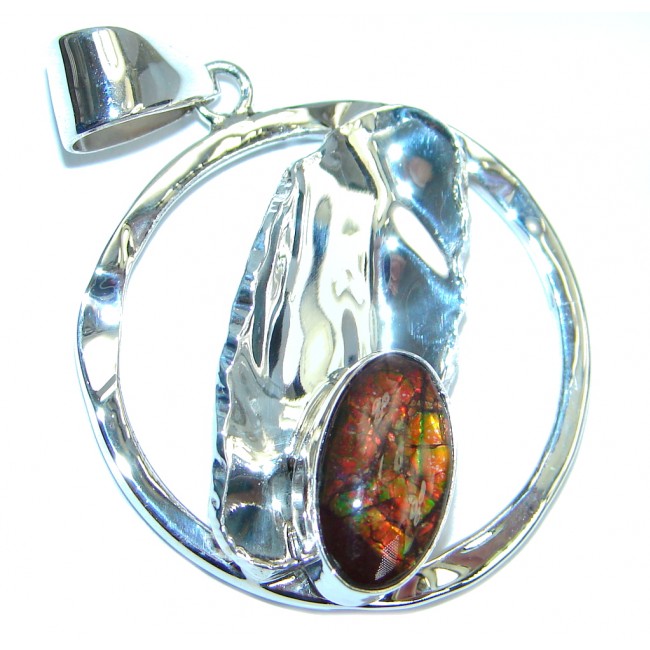 Natural AAA Ammolite hammered Sterling Silver Pendant