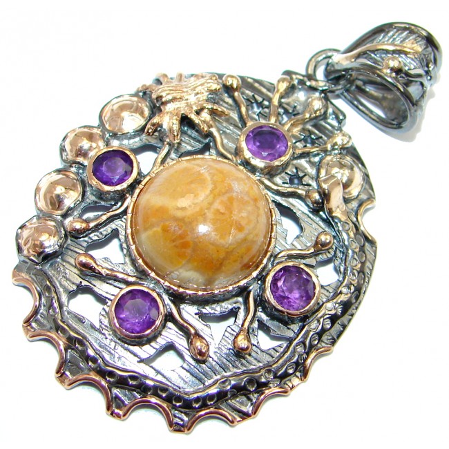 Natural Fossilized Coral Amethyst Gold plated over Sterling Silver Pendant