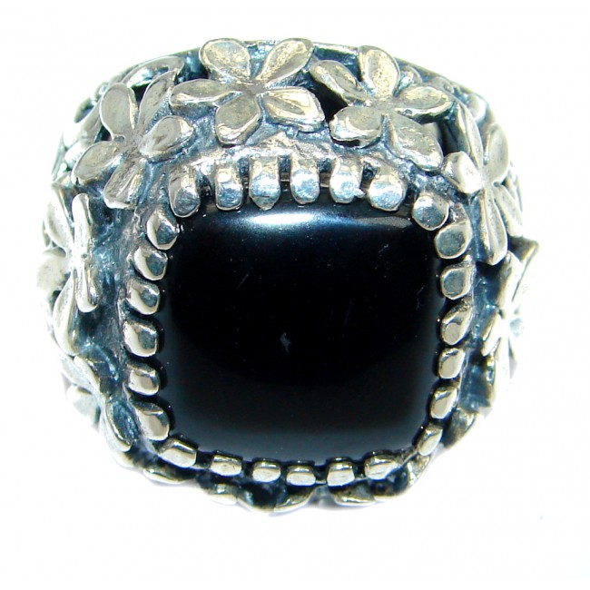 Classy Floral Design Onyx Two Tones Sterling Silver handmade ring size 8