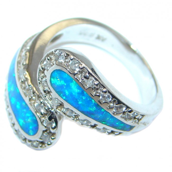 Big Blue Aura created Fire Opal Sterling Silver ring size 6