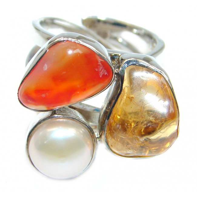 Genuine Baltic Amber Carnelian Pearl Sterling Silver handmade Ring size adjustable