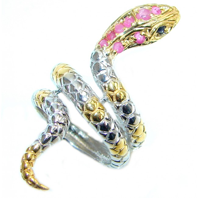 Amazing Ruby Saphire Snake Two Tones Sterling Silver Ring s. 6