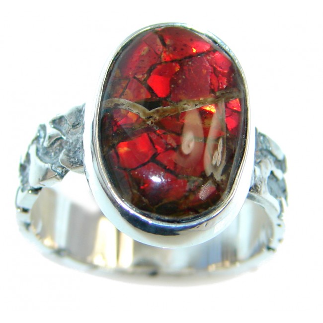 Authentic Canadian Orange Fire Ammolite Sterling Silver ring size 8 1/2