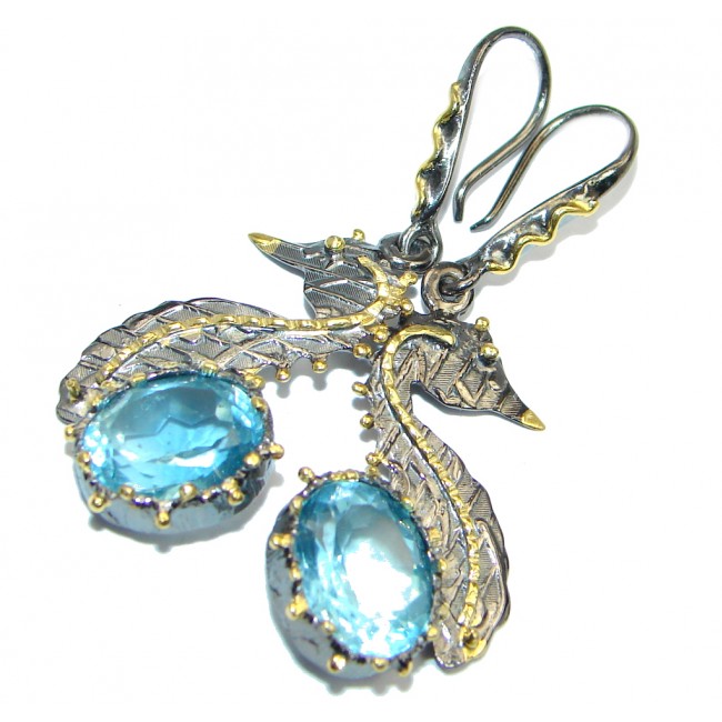 Sea Horse genuine Swiss Blue Topaz Gold plated over Sterling Silver earrings