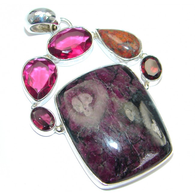 Huge Russian Eudialyte Pink Quartz Sterling Silver handcrafted Pendant