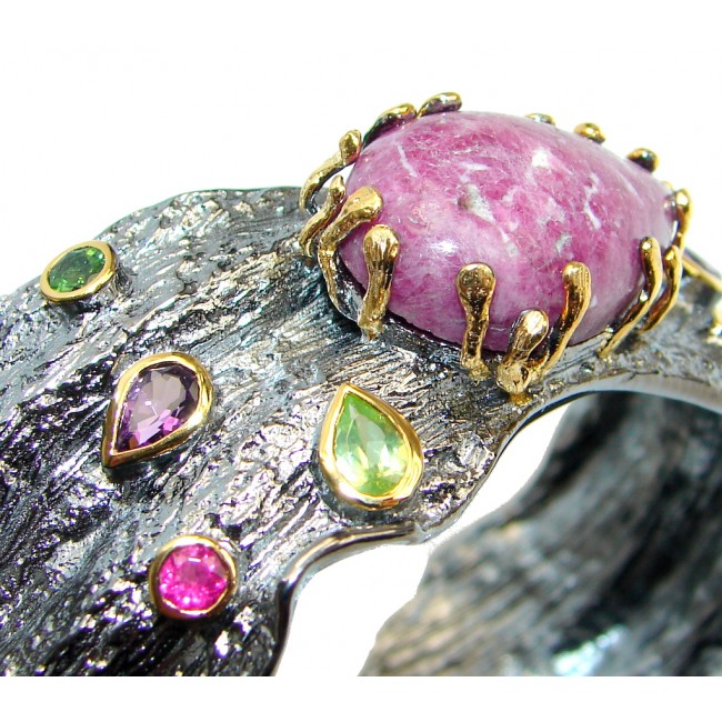 One of the kind GENUINE Eudialyte Oxidized Gold plated over Sterling Silver Bracelet / Cuff
