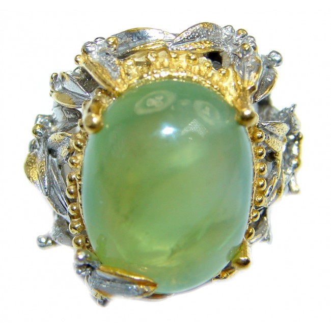 Jumbo 30ct Natural Prehnite Gold plated over 925 Sterling Silver Ring Size 6 1/4
