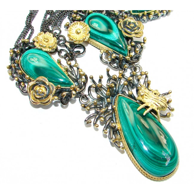 Great Beauty Genuine Malachite Gold rhodium plated over Sterling Silver handmade necklace