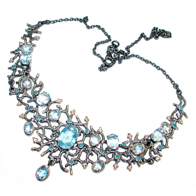 Rich Design Genuine Swiss Blue Topaz Gold Rhodium plated over Sterling Silver handmade necklace