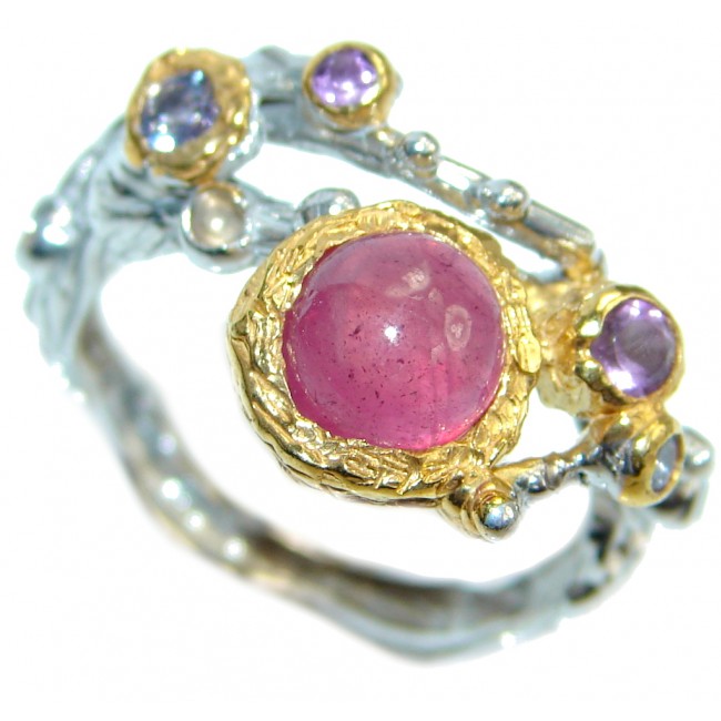 Unique design genuine Ruby Gold plated over Sterling Silver ring; s. 7 1/2