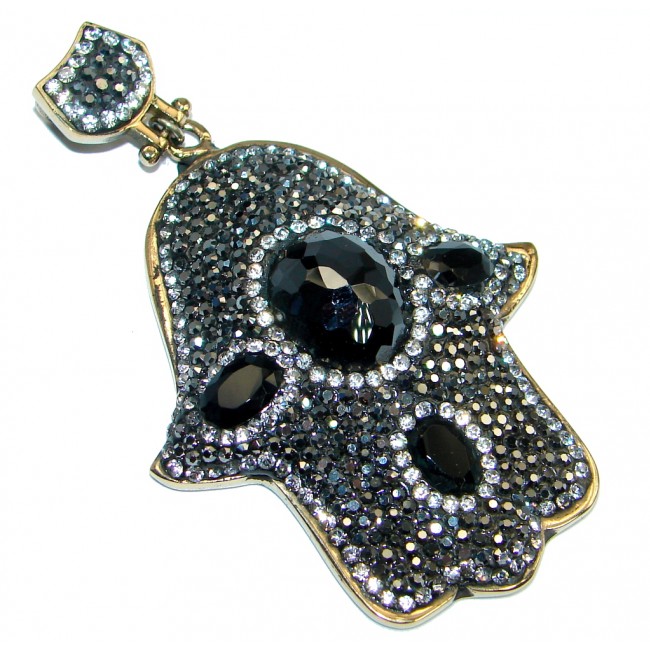 Large Protective Hamsa Hand Onyx & White Topaz Sterling Silver Pendant