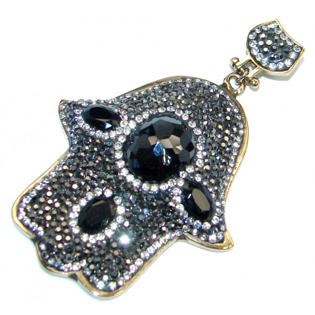 Large Protective Hamsa Hand Onyx & White Topaz Sterling Silver Pendant