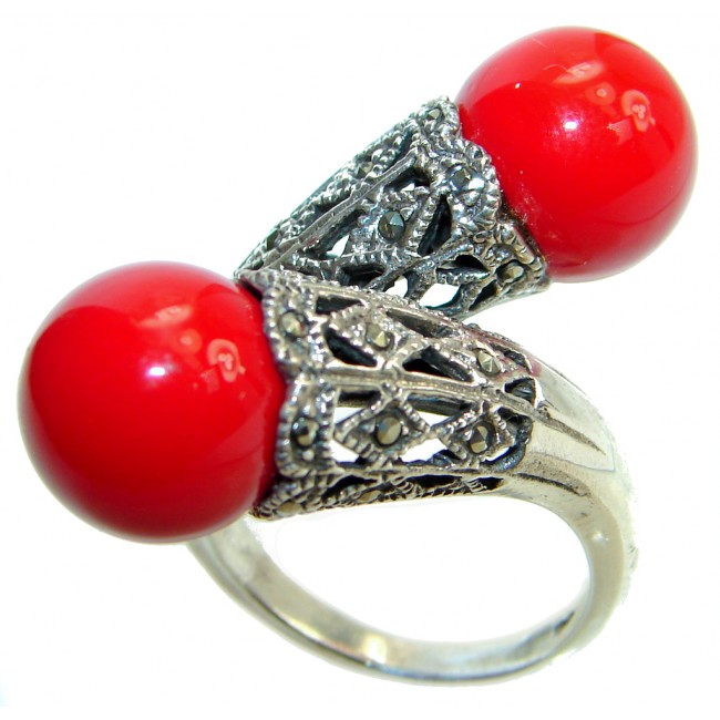 Big Love Power Red Fossilized Coral Marcasite Sterling Silver ring s. 8 3/4