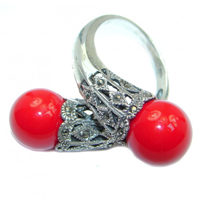 Big Love Power Red Fossilized Coral Marcasite Sterling Silver ring s. 8 3/4