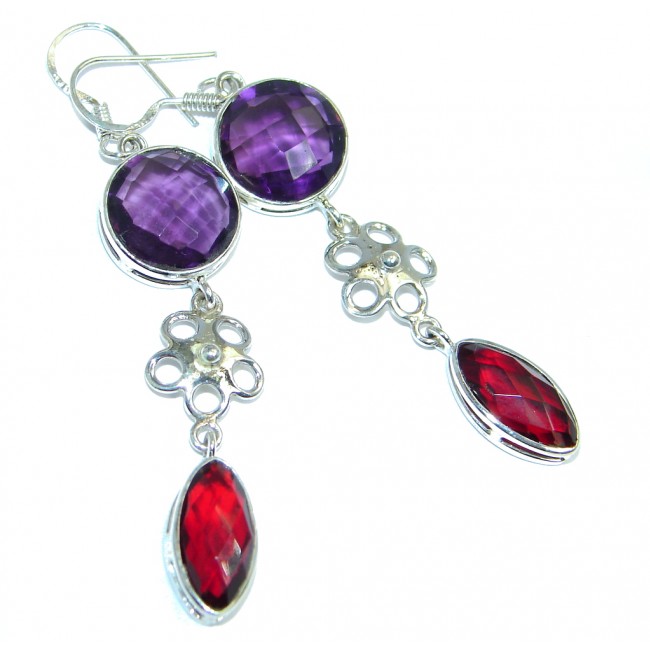 Chunky created Red Purple Quartz Sterling Silver chandelier earrings
