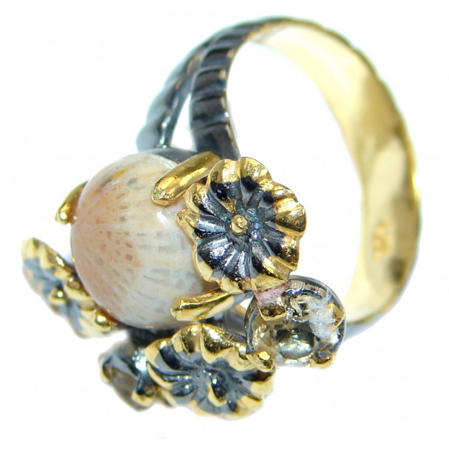 Gorgeous natural Fossilized Coral Gold Rhodium Plated over Sterling Silver ring s. 7