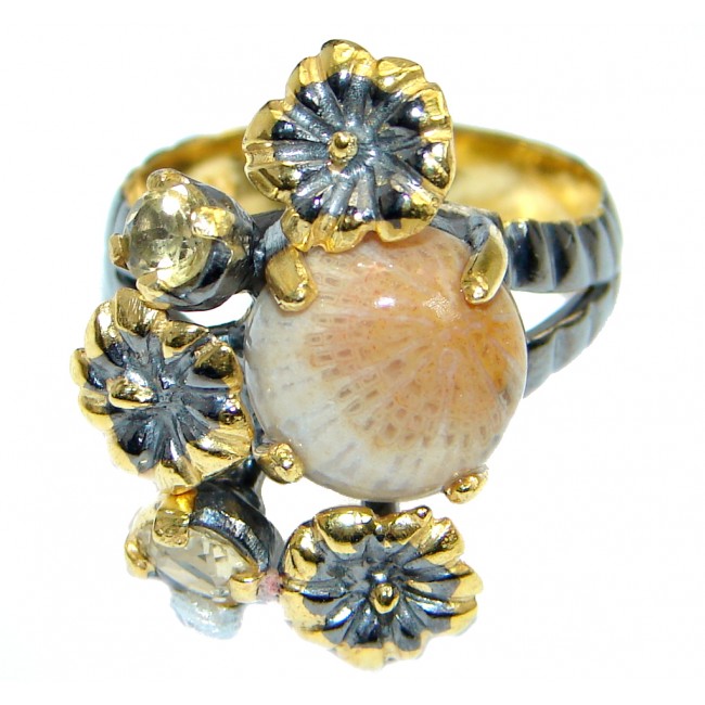 Gorgeous natural Fossilized Coral Gold Rhodium Plated over Sterling Silver ring s. 7