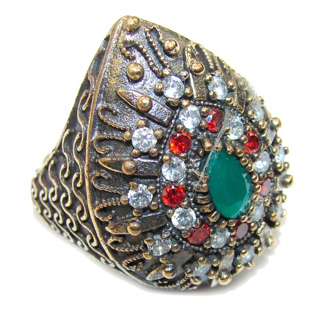 Victorian Style! Emerald & Garnet Quartz & White Topaz Sterling Silver Ring s. 7 1/4