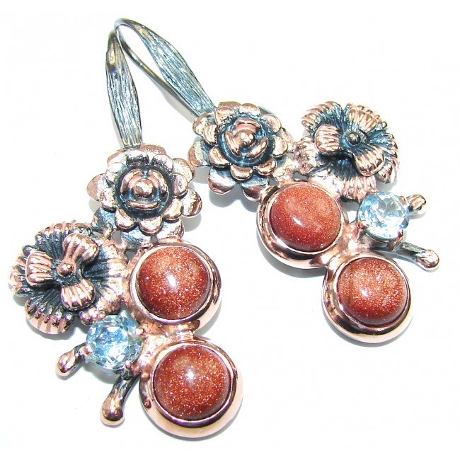 Gorgeous Red SunSitara & Swiss Blue Topaz, Rose Gold Plated, Rhodium Plated Sterling Silver earrings