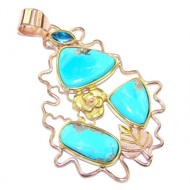 Sleeping Beauty AAA Blue Turquoise Rose Gold Plated Sterling Silver Pendant