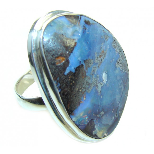 Classic Beauty! Blue Boulder Opal Sterling Silver Ring s. 9- adjustable