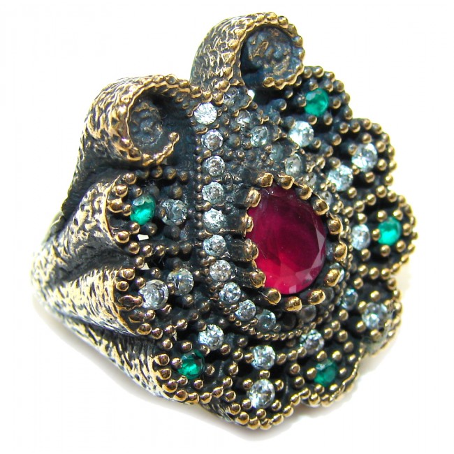 Victorian Style! Ruby & Emerald & White Topaz Sterling Silver Ring s. 6 1/4