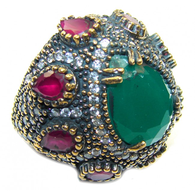 Big! Victorian Style! Ruby & Emerald & White Topaz Sterling Silver Ring s. 7 1/2