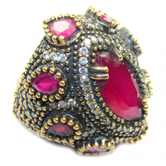 Large! Victorian Style! Ruby & White Topaz Sterling Silver Ring s. 7