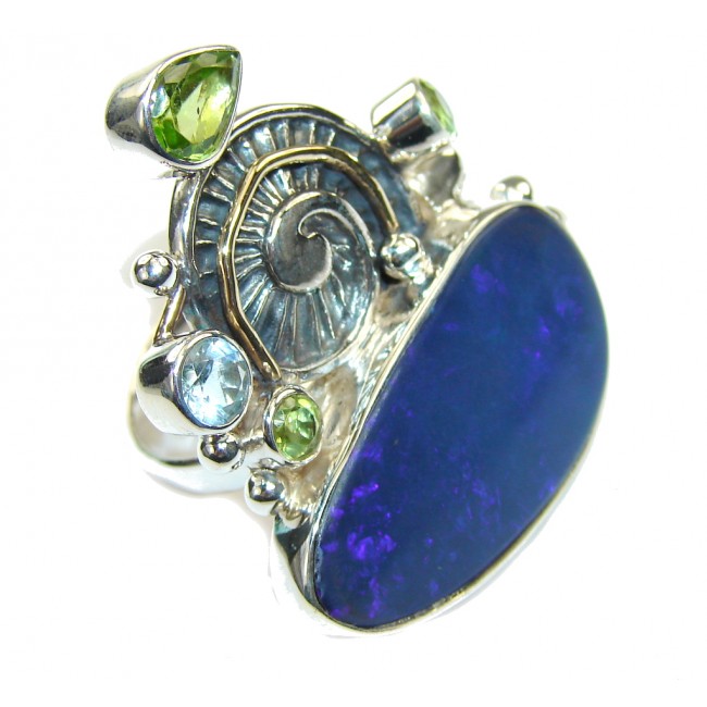 Huge! Secret Beauty Japanese Blue Fire Opal Sterling Silver ring s. 9