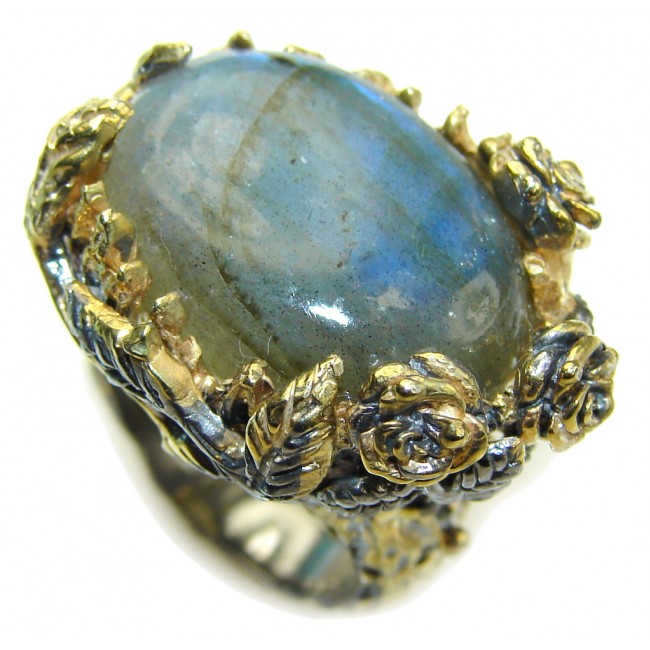 Floral Design AAA Labradorite, Rhodium Plated, Gold Plated Sterling Silver Ring s. 6 1/2