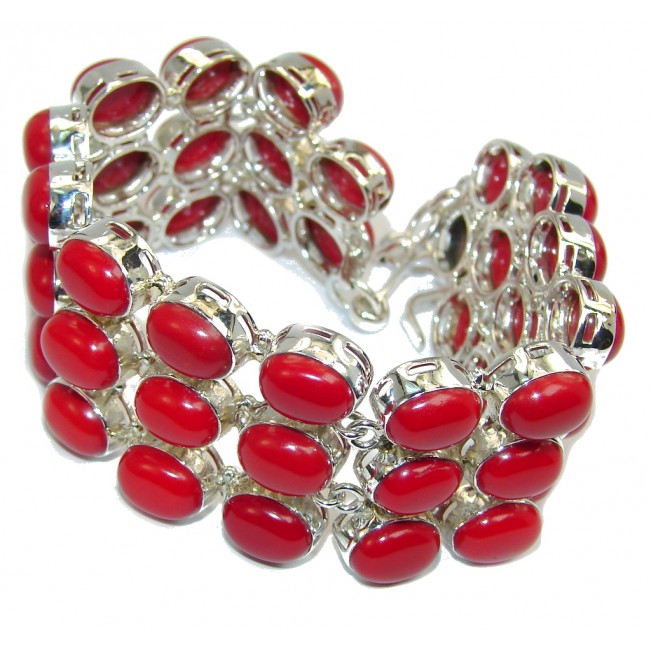 Large Precious Red Fossilized Coral Sterling Silver Bracelet