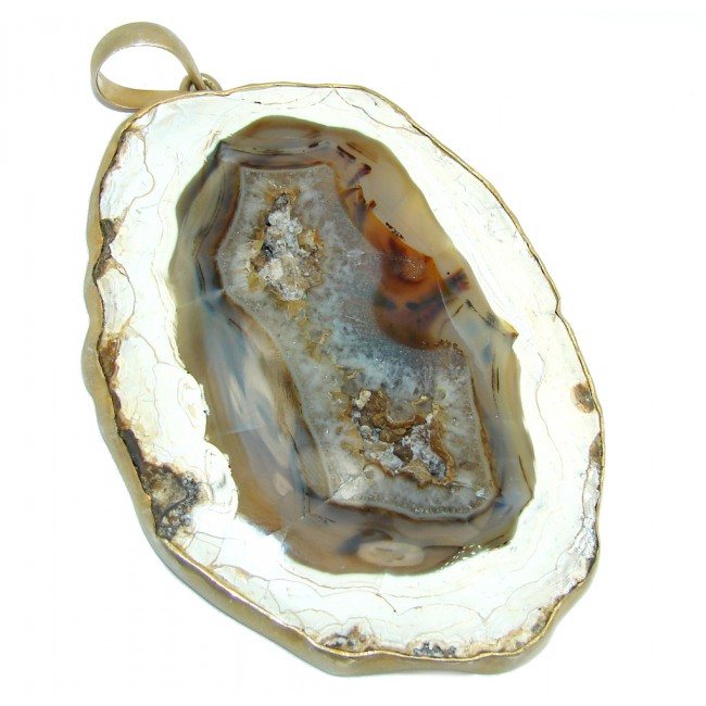 Huge! Classic Brown Agate Druzy Sterling Silver Pendant