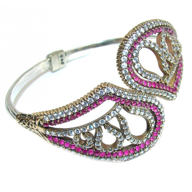 Victorian Style Ruby Quartz & White Topaz Sterling Silver Bracelet / Cuff