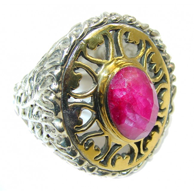 Big! Stunning Pink Ruby, Two Tones Sterling Silver Ring s. 8 1/4