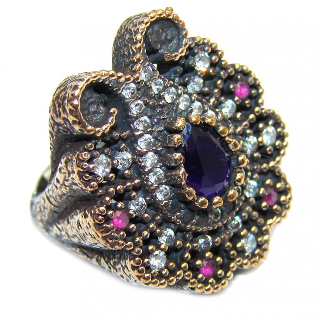 Victorian Style! Royal Blue Sapphire & Ruby & White Topaz Sterling Silver Ring s. 6