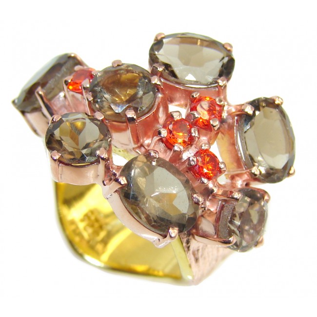 Perfect Brown Smoky Topaz & Garnet, Rose & Gold Plated Sterling Silver ring s. 8