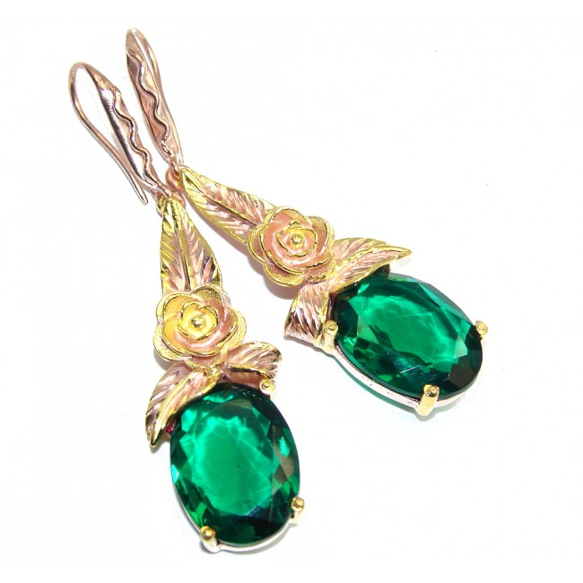 Stunning Created Emerald, Rose & Gold Plated Sterling Silver earrings / Long