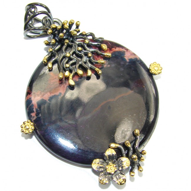 Amazing Black Rhodonite Gold plated Sterling Silver Pendant