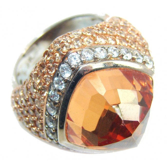 Big! Very Beautiful Created Golden Topaz & White Topaz Sterling Silver ring s. 6