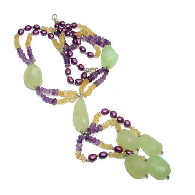 Big! Tropical Beauty AAA Green Moss Prehnite & Amethyst & Citrine & Blister Pearl Sterling Silver necklace