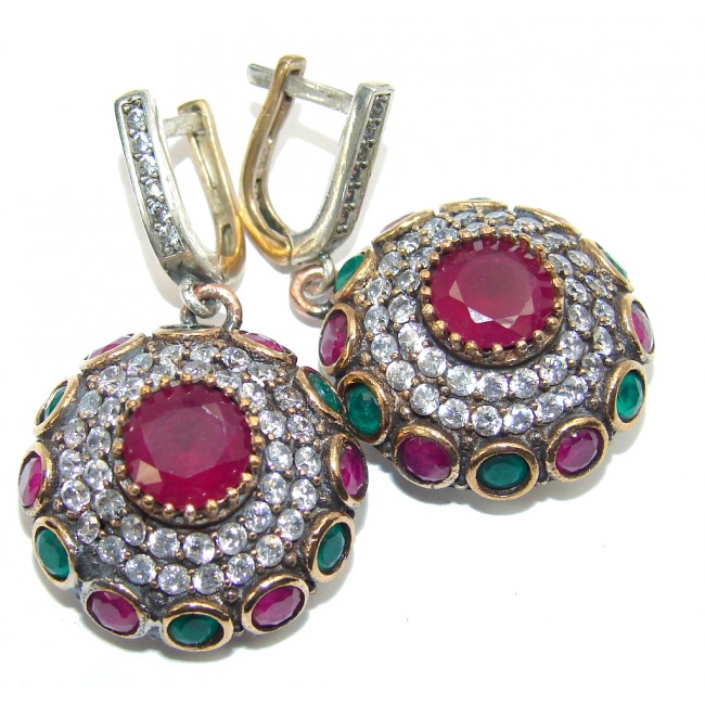 Victorian Style Pink Ruby & Emerald & White Topaz Sterling Silver earrings