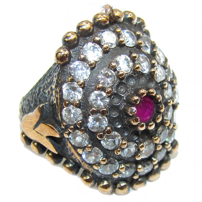 Victorian Style Pink Ruby & White Topaz Sterling Silver ring; s. 6 1/2