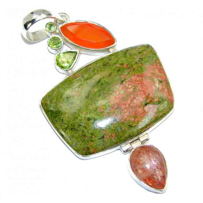 Big! Awesome Style Green Unakite Sterling Silver Pendant