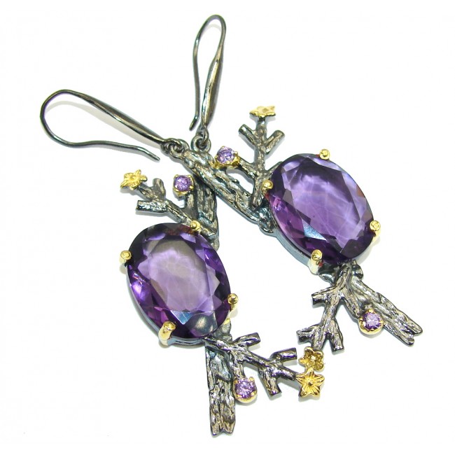 Stunning Created Purple Amethyst, Gold Rhodium Plated Sterling Silver earrings / Long