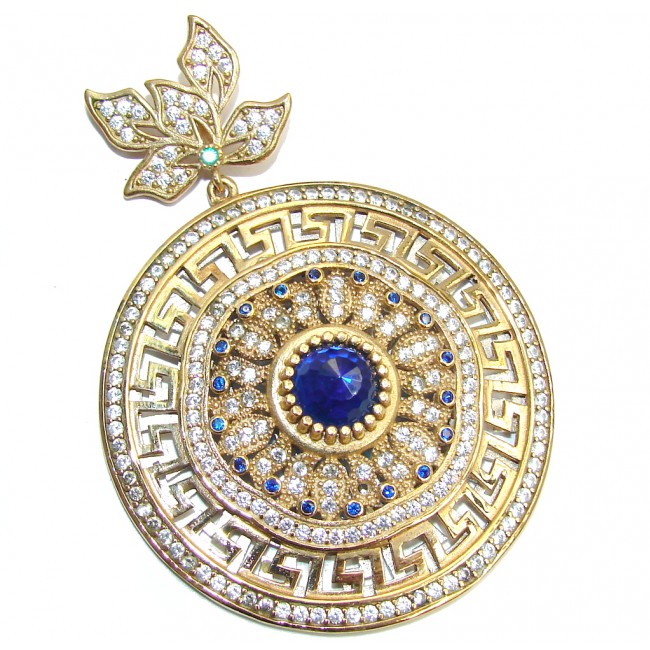 Large Victorian Style Created Blue Sapphire & White Topaz Sterling Silver Pendant