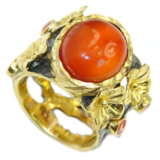 Precious Orange Carnelian Gold Rhodium plated Sterling Silver ring s. 8