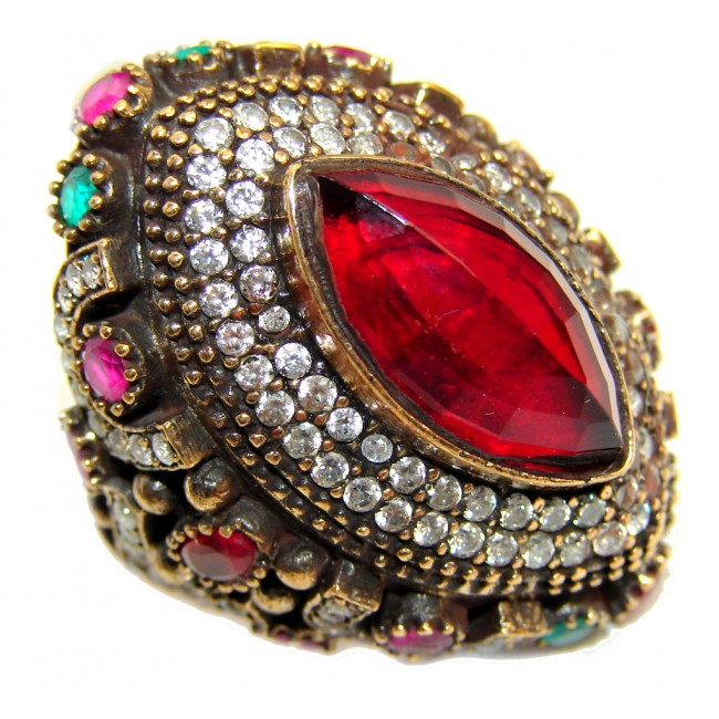 Huge Victorian Style created Ruby & White Topaz Sterling Silver ring; s. 9 1/4