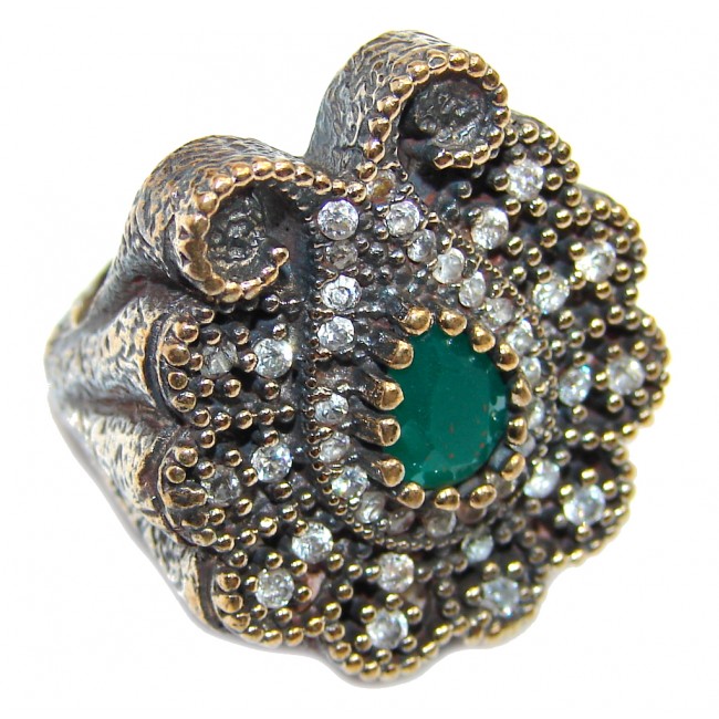 Victorian Style created Emerald & White Topaz Sterling Silver ring; s. 6 3/4